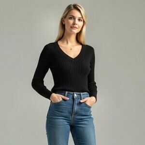 Autumn Cashmere Ribbed V-Neck Sweater - Distressed Sleeves, Black Womens Size XS